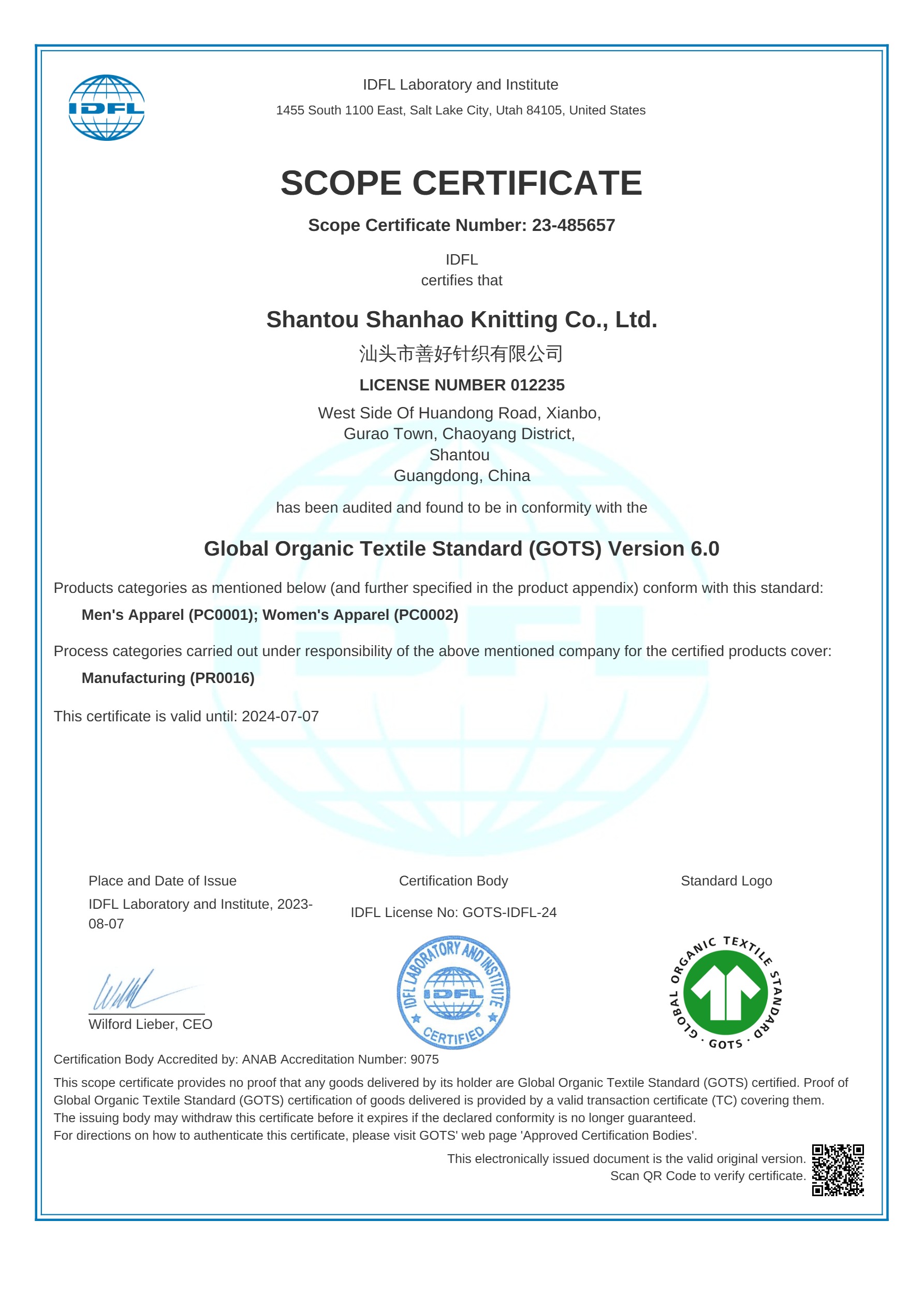 GOTS certificate